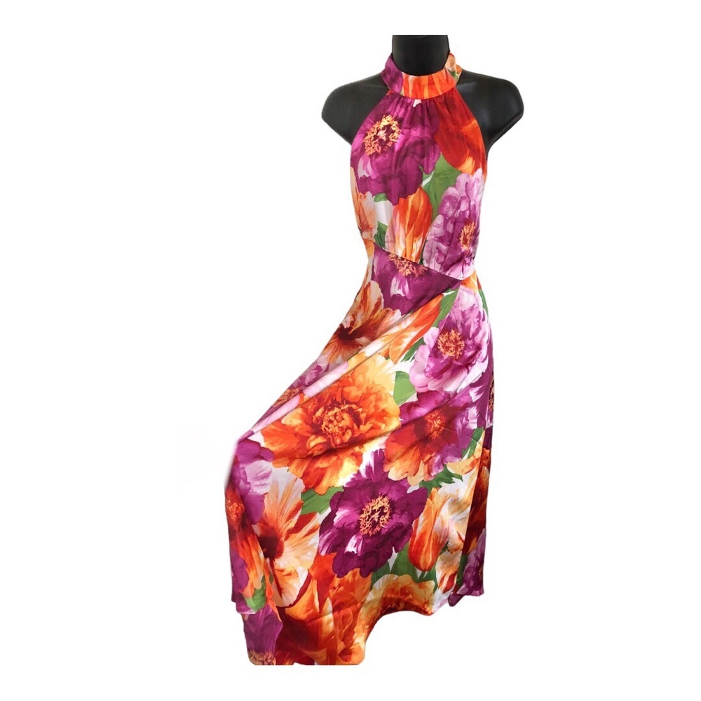 Maggy London pink tropical floral print asymmetrical flowy halter dress‎ size 6